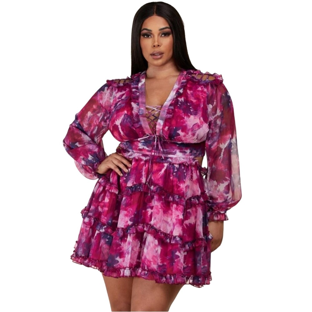 Pink Floral Ruffle Mini Dress XL Purple Cut out Lace Up Boho Summer Romantic